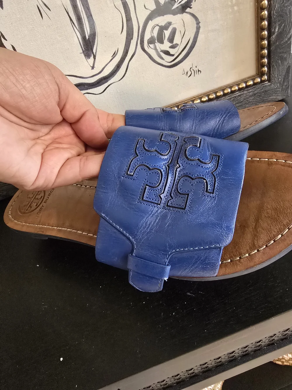 Tory Burch Women’s Melinda Slide Sandals Blue Leather Logo 10